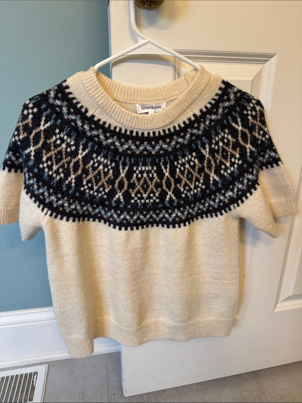 Heartloom Cream Short-Sleeve Fair Isle Crewneck Sweater with Navy and Gray Yoke